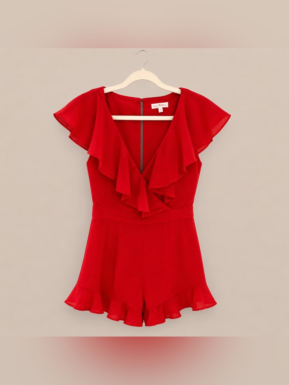 LUXXEL Red Ruffle Wrap-Style Romper Size Medium